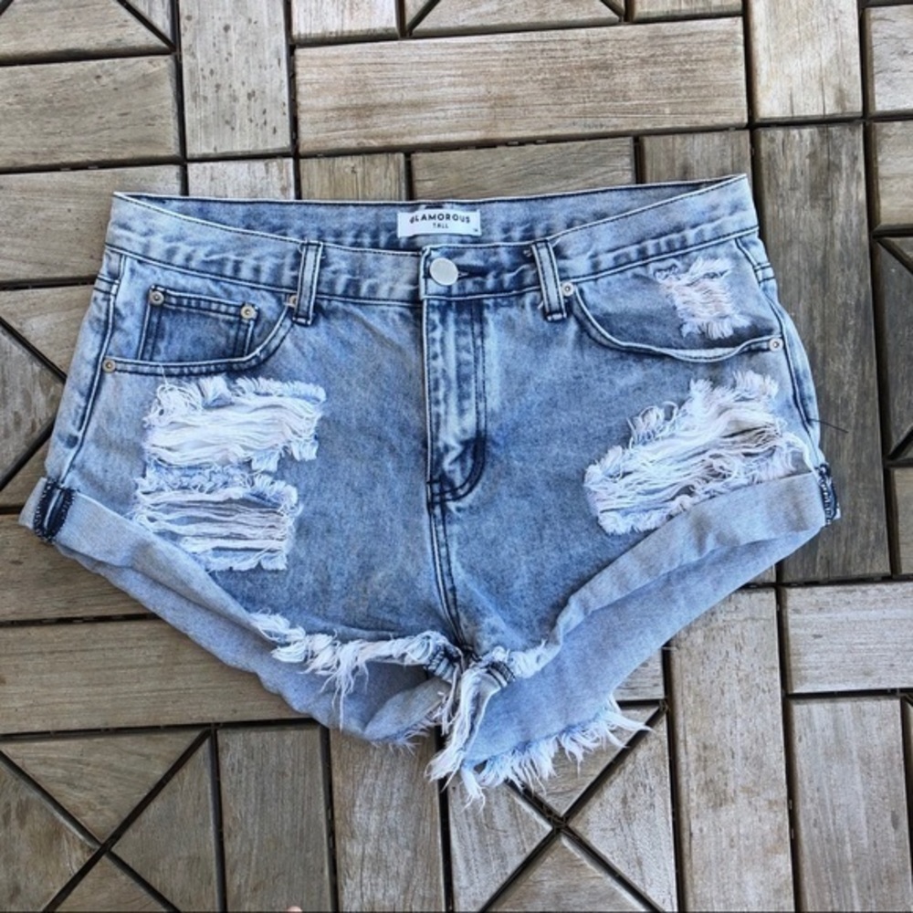 Glamorous Tall Rip Detail Denim Shorts Size 14